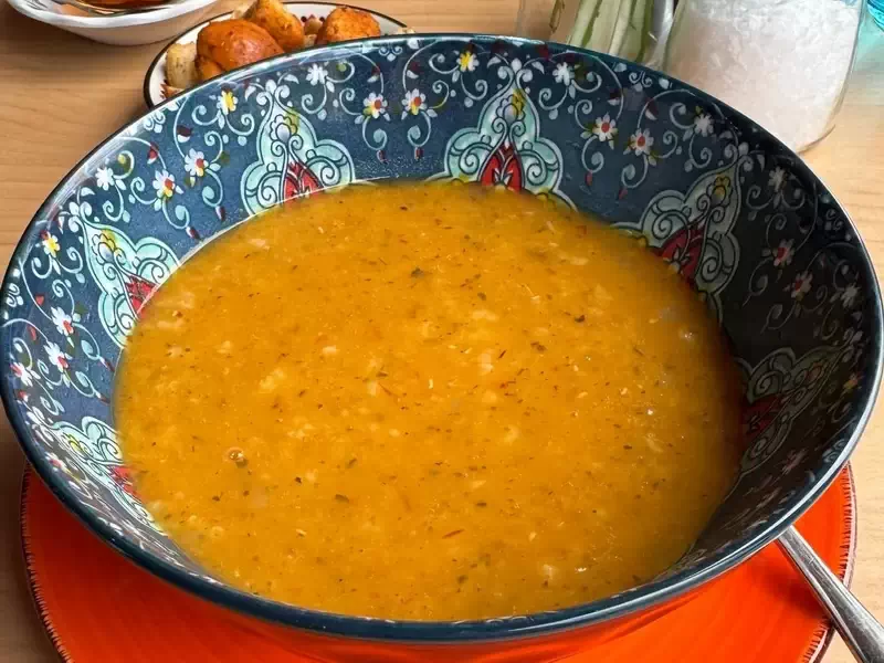  Red lentil soup from Nilufer’s Home Kitchen. 