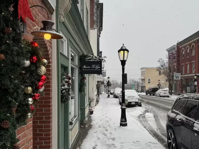 A recent snowfall at the west end of Main Street.