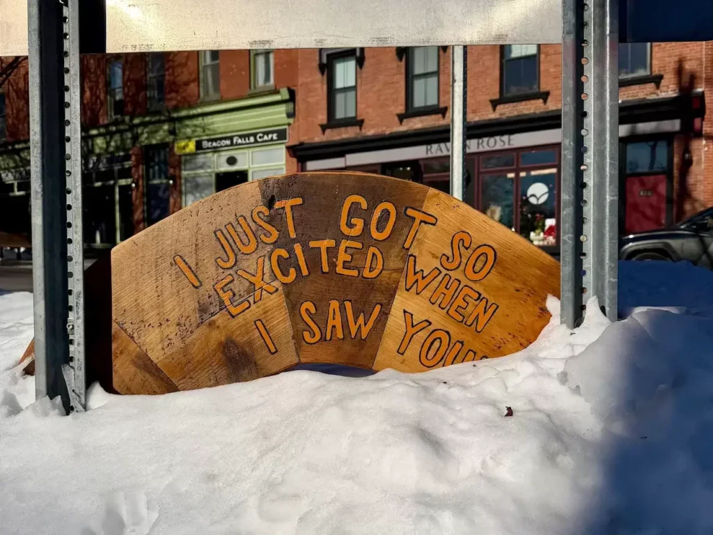 wooden sign with text painted saying I just got so excited when I saw you with main street in background