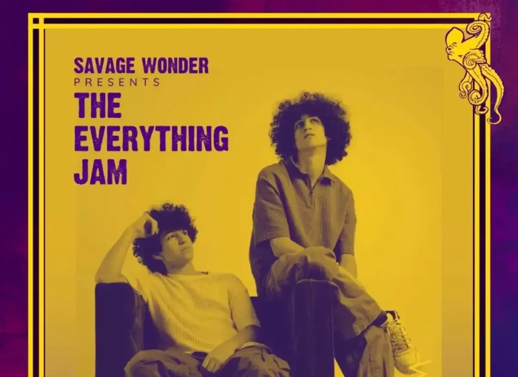 yellow and purple flyer promoting the everything jam with two seated men