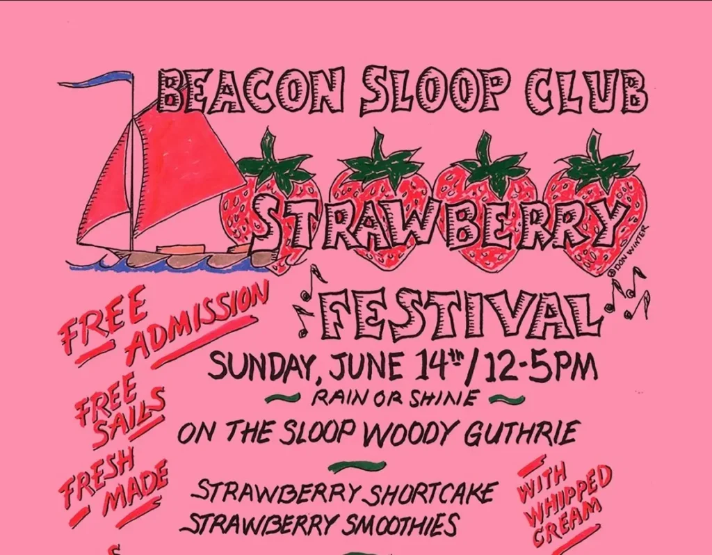 A flyer promoting Beacon Sloop Club's Strawberry with pink background and cartoon style strawberries