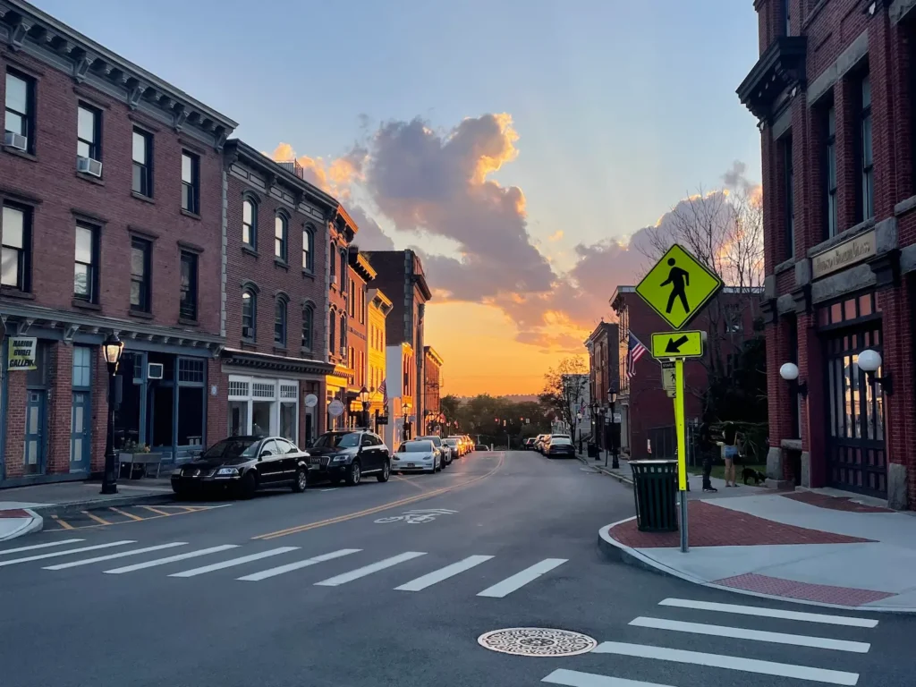 Beacon Main Street at sunset with shots either side of the road.