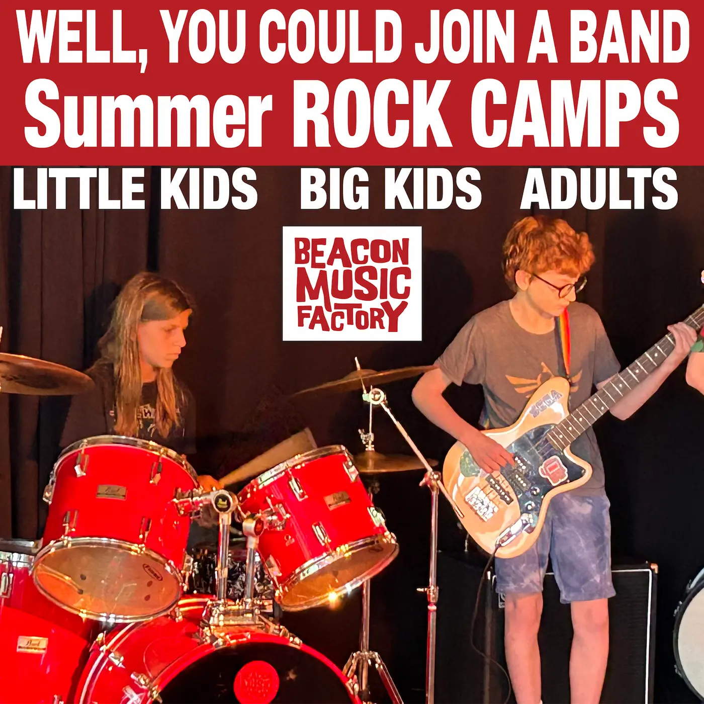 A flyer for Beacon Music Factory rock music camps with two children playing a guitar and drums
