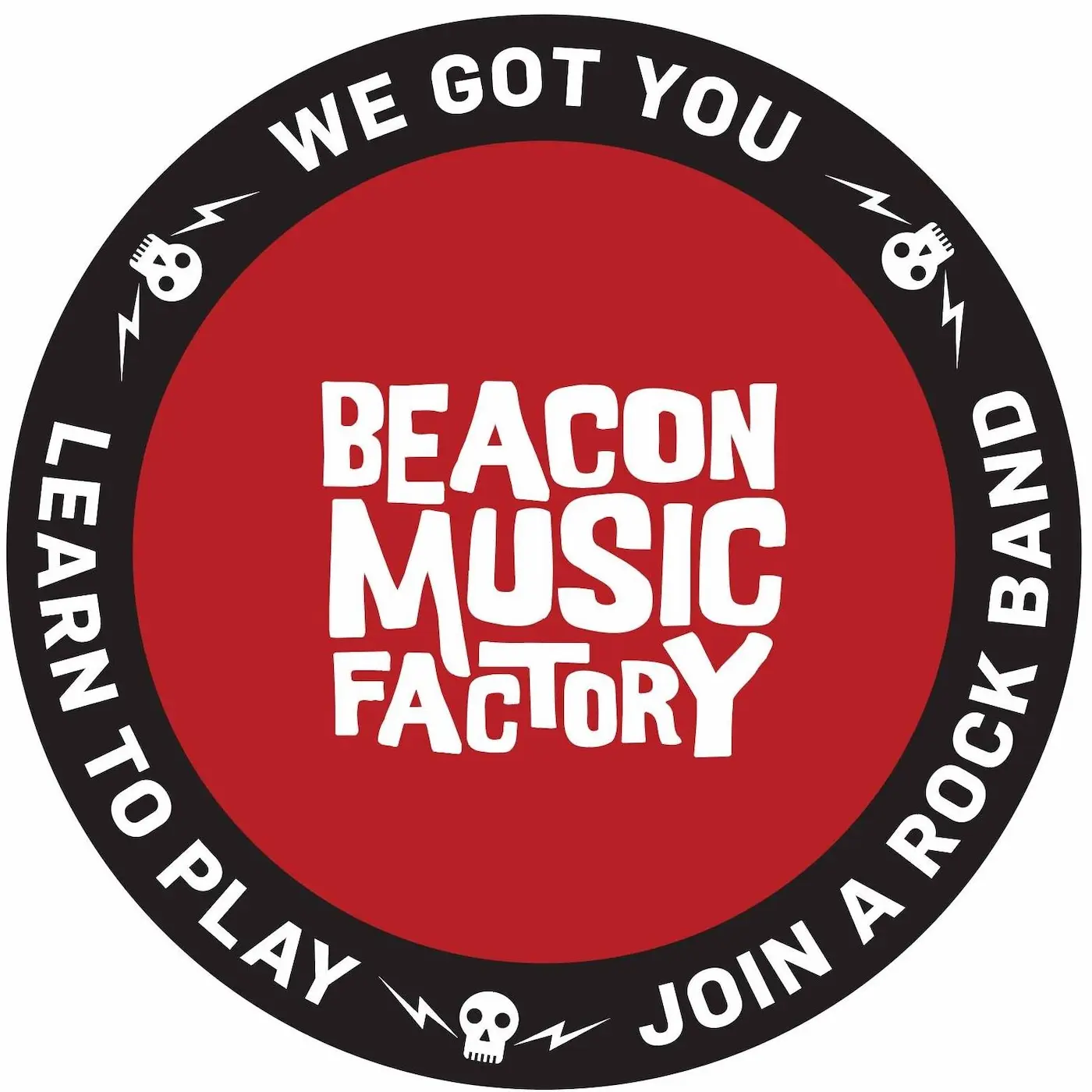 Red and black logo with white text for Beacon Music Factory inviting people to learn to play a musical instrument and join a band.
