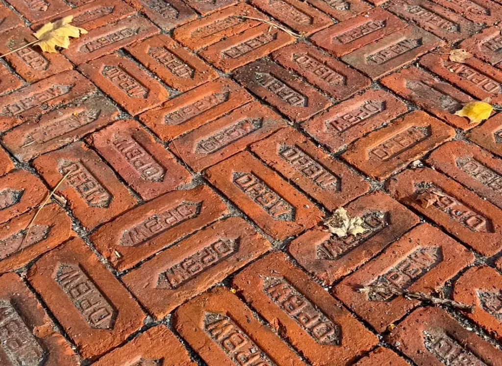 A series of red bricks are artfully displayed. Each is marked with the letters DPBW.