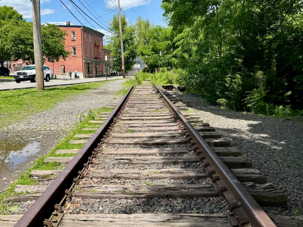 A close up of a disused railway track surrounded by trees with a road to the left of it.
