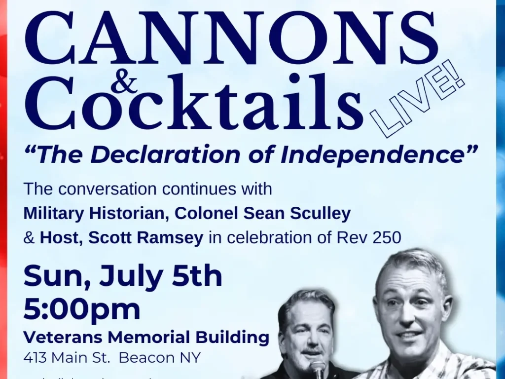 Flyer promoting an event called Cannons & Cocktails with blue backdrop and dark blue text.