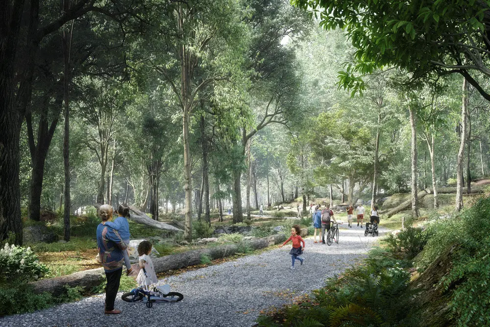 Children and adults walk a pathway in the middle of a green forest.