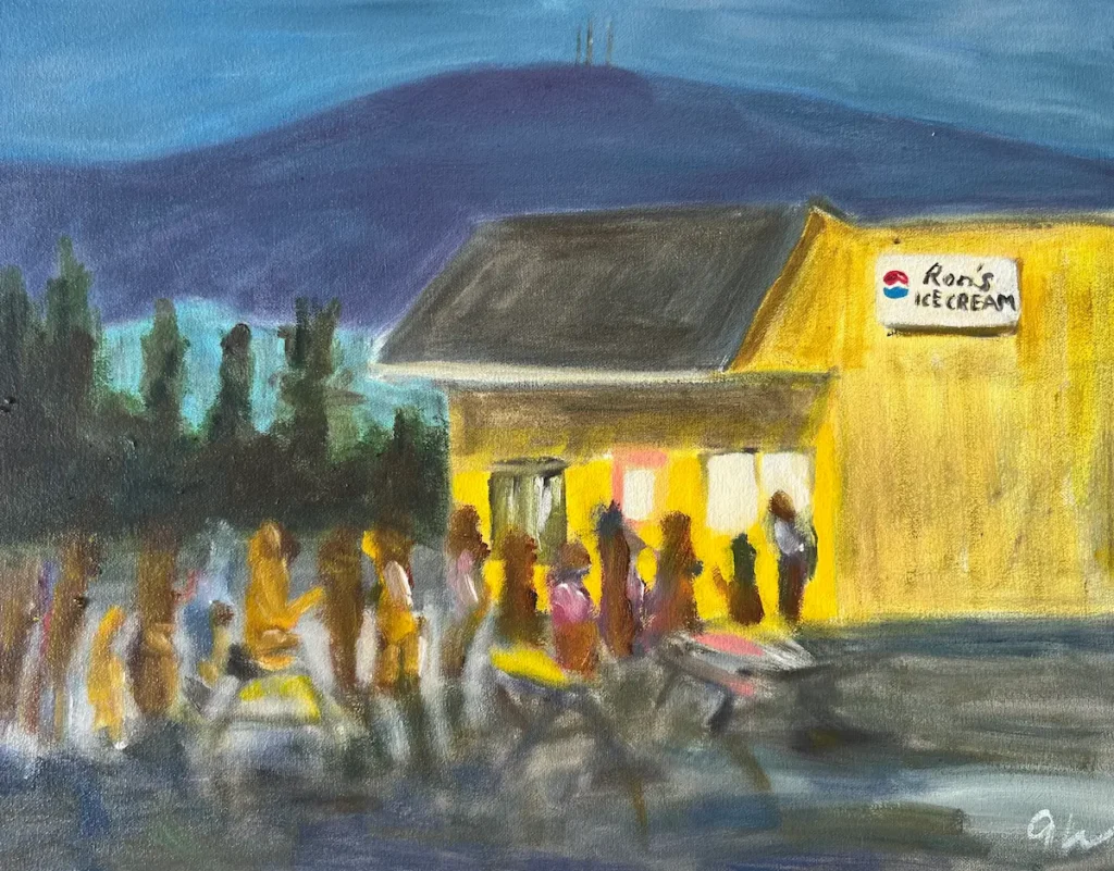 A colorful abstract painting of people lining up at a yellow building to buy from Ron's Ice Cream, Beacon, NY.