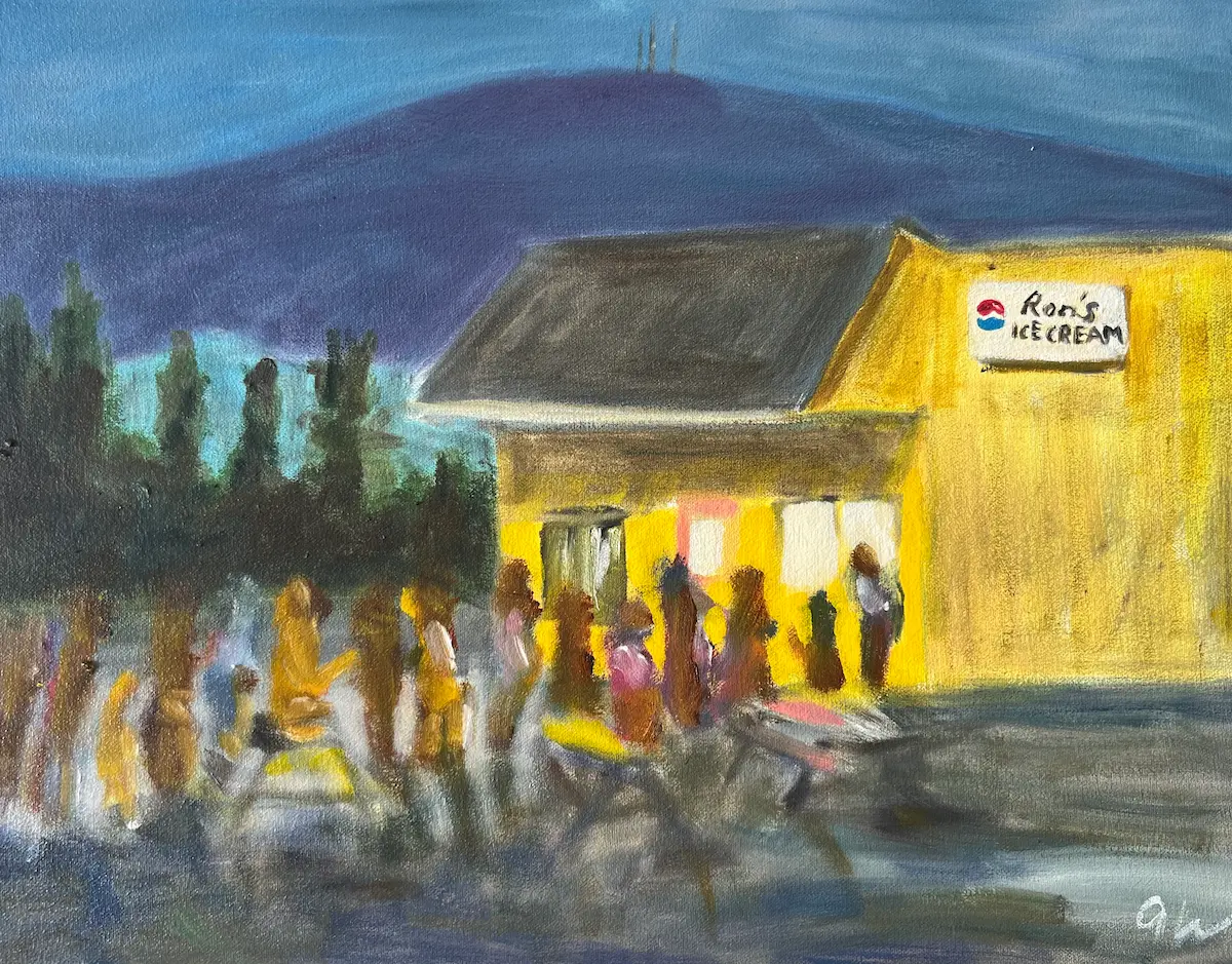A colorful abstract painting of a line of people waiting for ice cream from a yellow building with a sign that says Ron's Ice Cream.